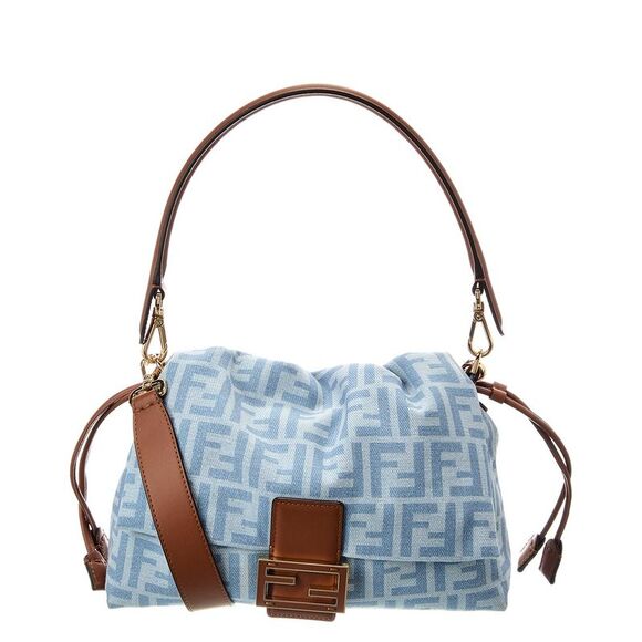 FENDI Handbags - Fendi Mamma Baguette Medium Ff Denim & Leather Shoulder Bag, Blue